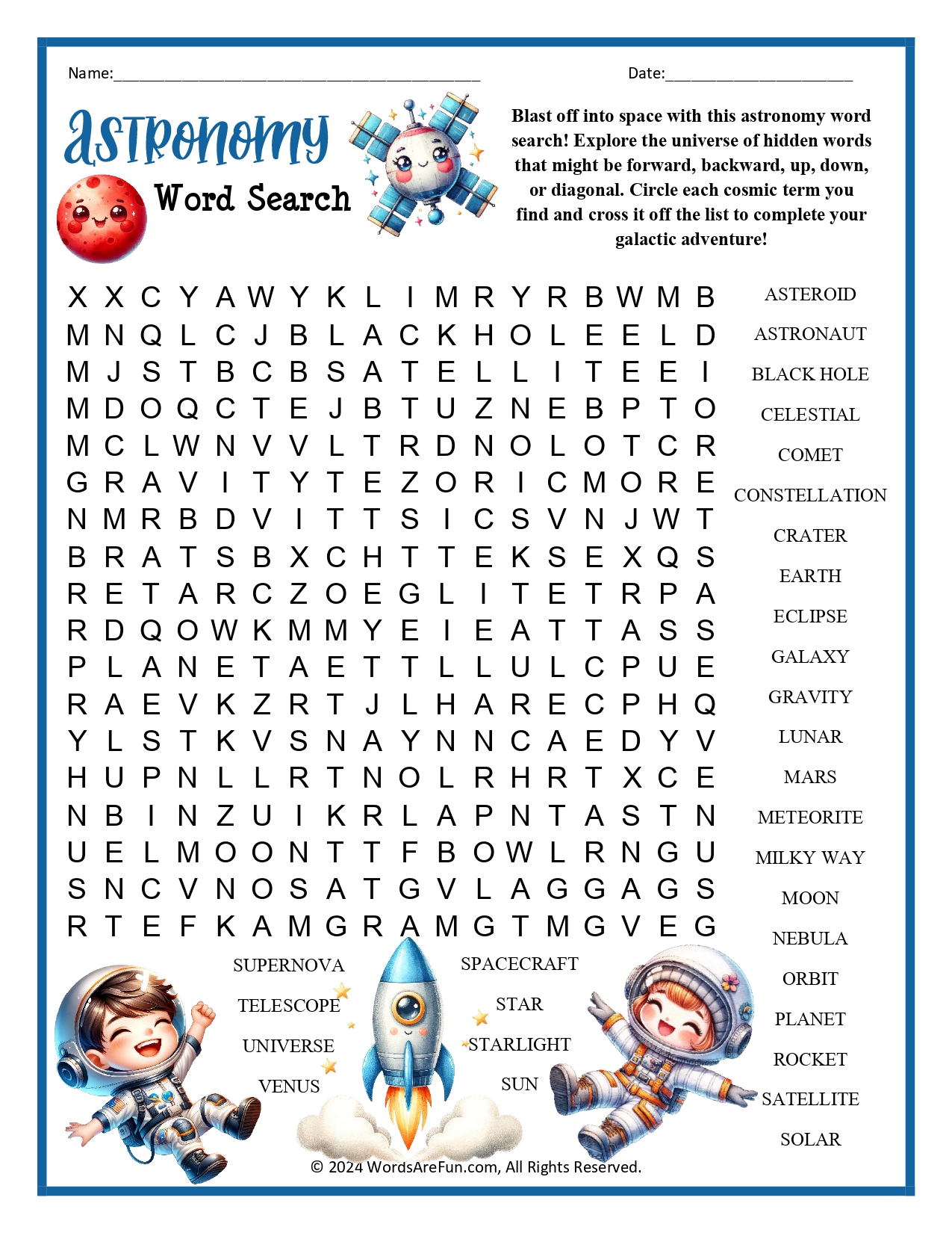 Free Printable Astronomy Word Search with Answer Key