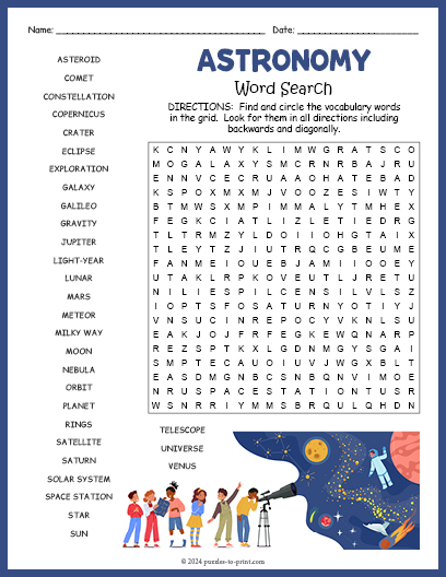 Free Printable Astronomy Word Search with Answer Key