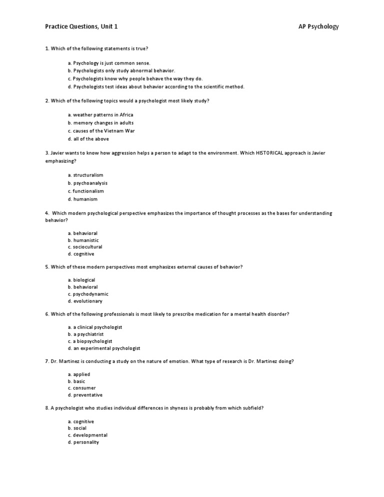 Master AP Psychology Unit 1 Test: Multiple Choice Practice Now