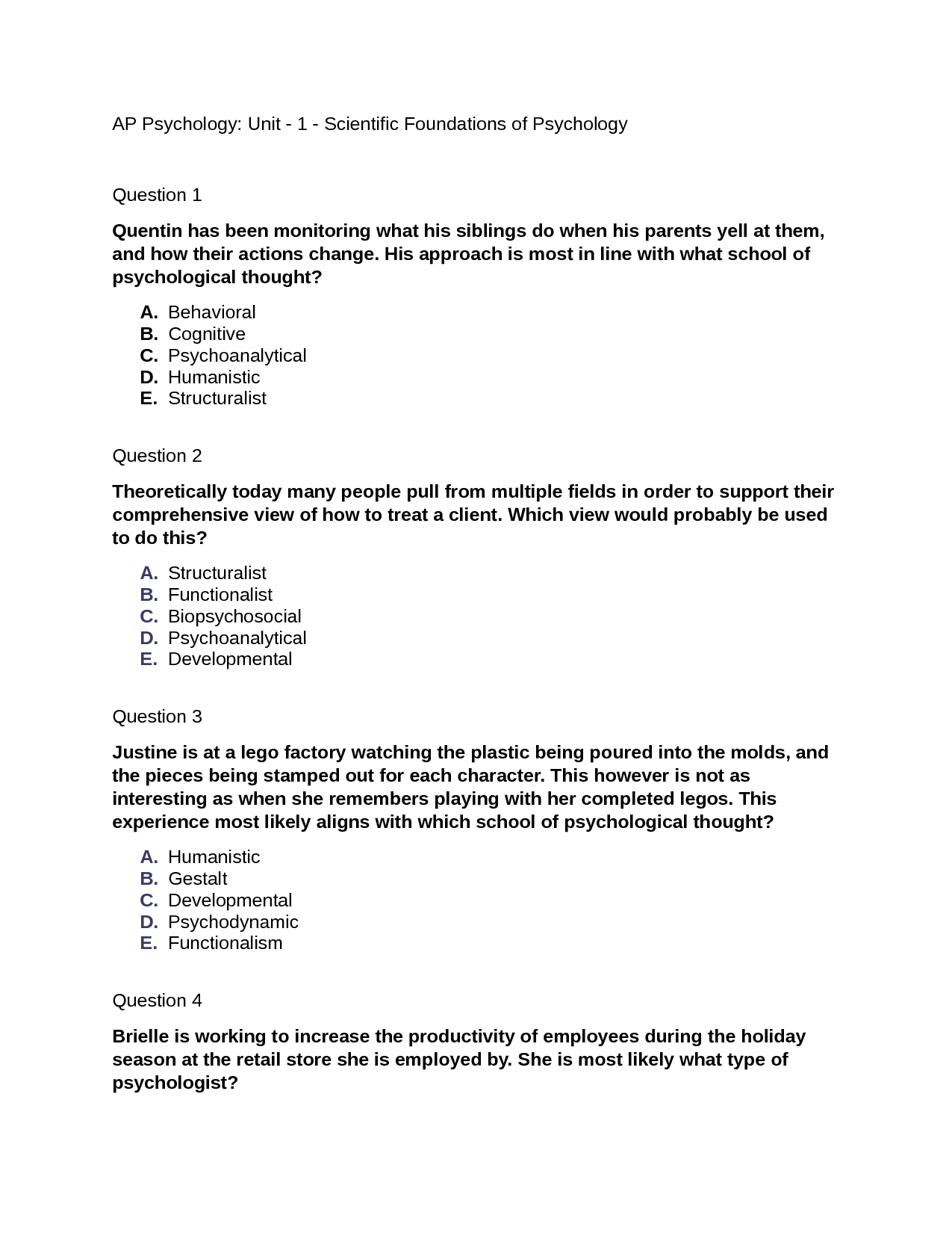 AP Psychology Practice Test Unit 1 Master Key Concepts Today